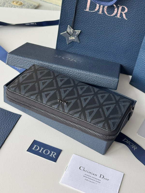 CD Diamond Zipped Long Wallet Black Blue Canvas & Cowhide