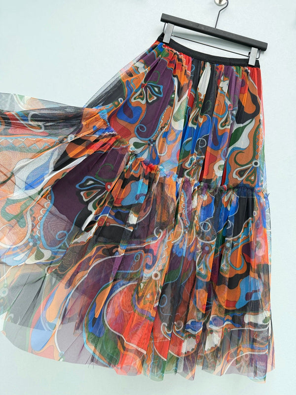 Pucci 26s Mesh Midi Skirt Orange Black Cotton Polyester 371732