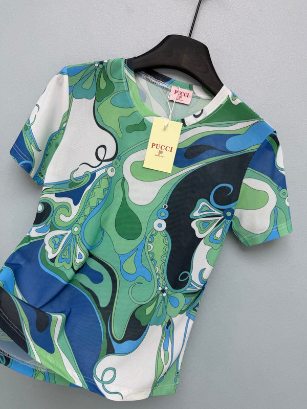 Pucci 26s Short-Sleeve T-Shirt Green Blue Cotton Polyester 371728