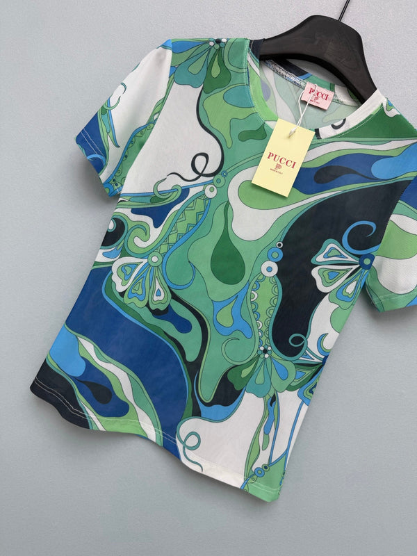 Pucci 26s Short-Sleeve T-Shirt Green Blue Cotton Polyester 371728