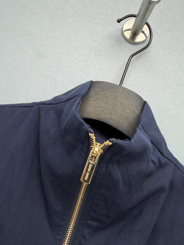 Miu Collar Zipper Sleeveless Waist-Cinching Dress Navy Linen 394354
