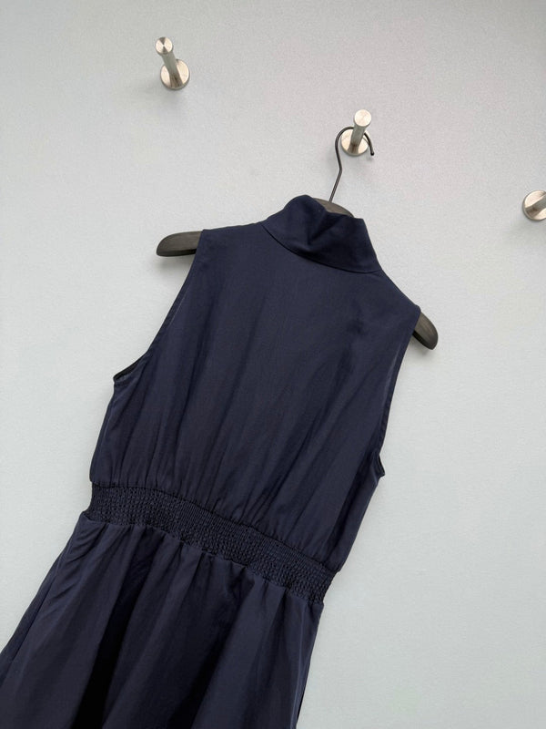 Miu Collar Zipper Sleeveless Waist-Cinching Dress Navy Linen 394354