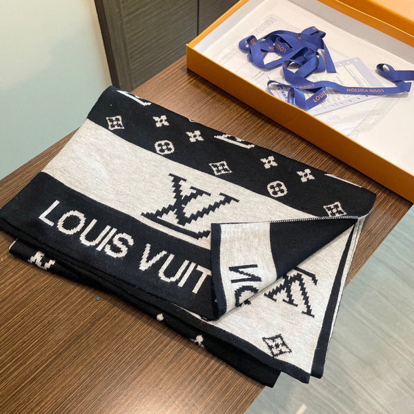LV 25s Scarf 200cm Black Light Gray Cashmere 973132
