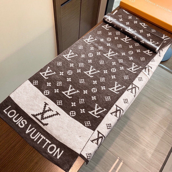 LV 25s Scarf 200cm Brown Light Gray Cashmere 973133