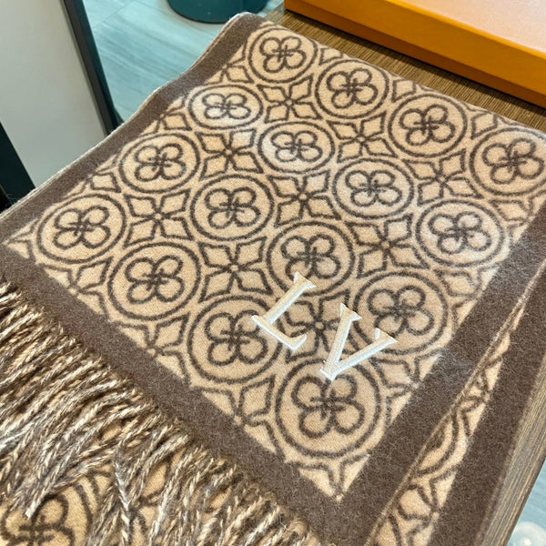 LV 25s Scarf 200cm Brown Beige Woolen 973138
