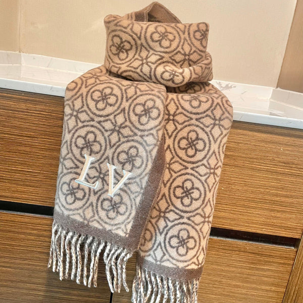 LV 25s Scarf 200cm Brown Beige Woolen 973138
