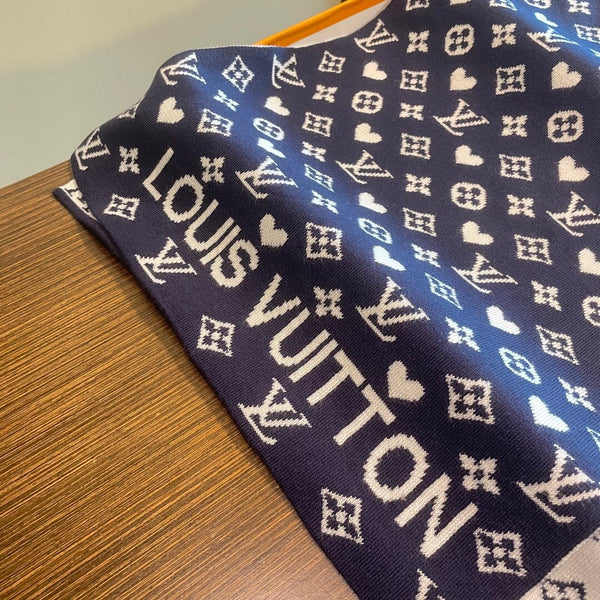 LV Latest Style Scarf 180cm Dark Blue Knitted Cashmere 973140
