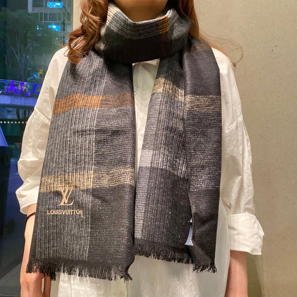 LV Scarf 180cm Black Gray Wool Cashmere 976830