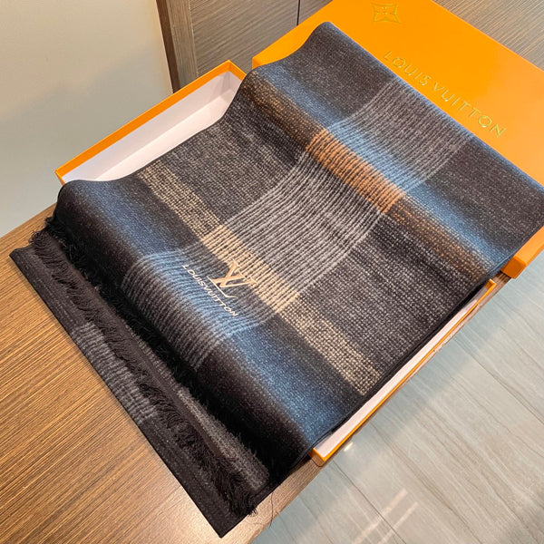LV Scarf 180cm Black Gray Wool Cashmere 976830