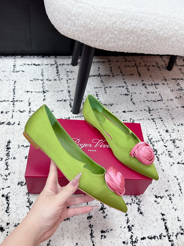 RV Rose Vivier Flower Slingback Flat Pink Green Satin 617284