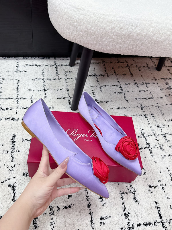 RV Rose Vivier Flower Slingback Flat Purple Red Satin 617287