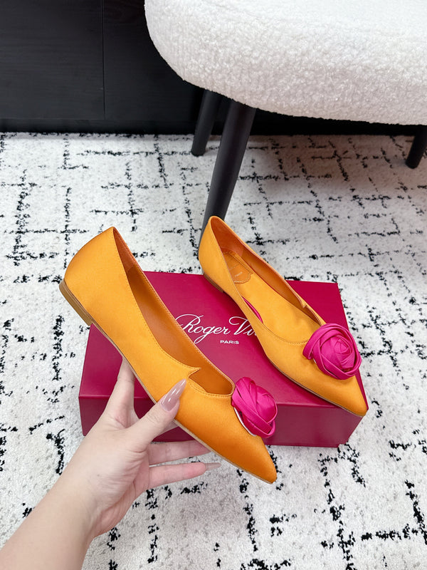 RV Rose Vivier Flower Slingback Flat Orange Pink Satin 617290