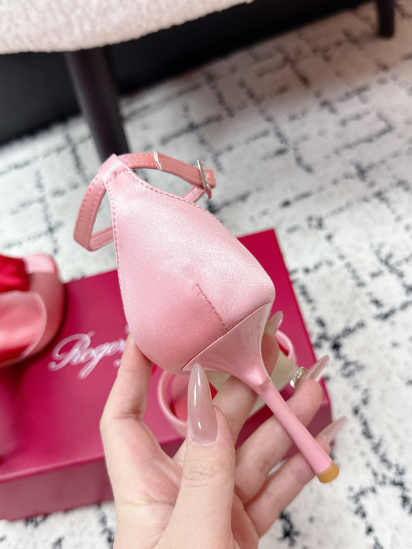 RV Rose Vivier Flower Sandal 10cm Pink Red Satin 617298