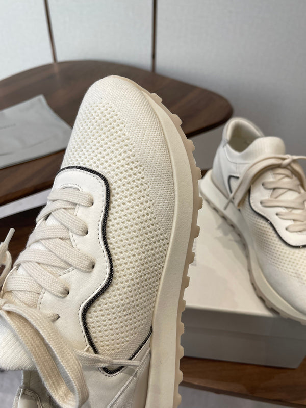 Brunello Runners With Shiny Eyelets White Suede Cotton 624468