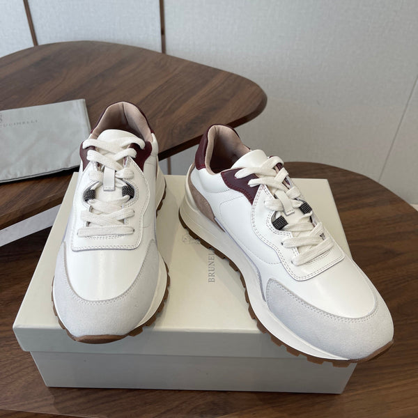 Brunello Runners With Shiny Details White Grey Brown Suede Leather 624480