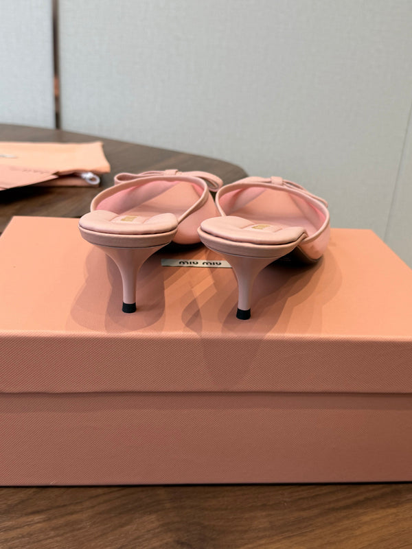 Miu 26s High-Heeled Mules Light Pink Mixed Sheepskin with Lace 790459