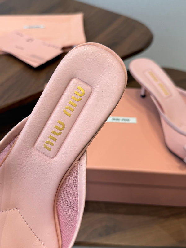 Miu 26s High-Heeled Mules Light Pink Mixed Sheepskin with Lace 790459