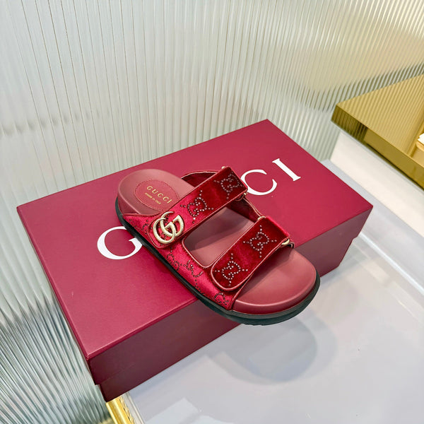 GG 26s Dad Mule Sandals Red Leather Velvet 714865