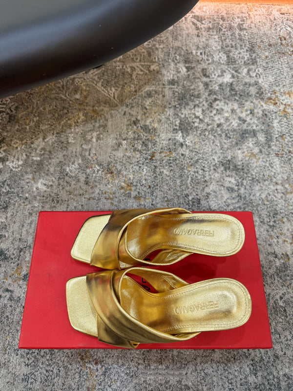 Ferragamo Gancini-Heel Padded Sandals 9cm Gold Cowhide 694848