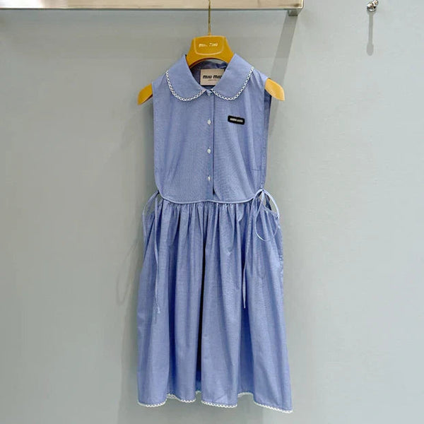 Miu Miu 2026 Plaid Sleeveless Dress Blue Cotton