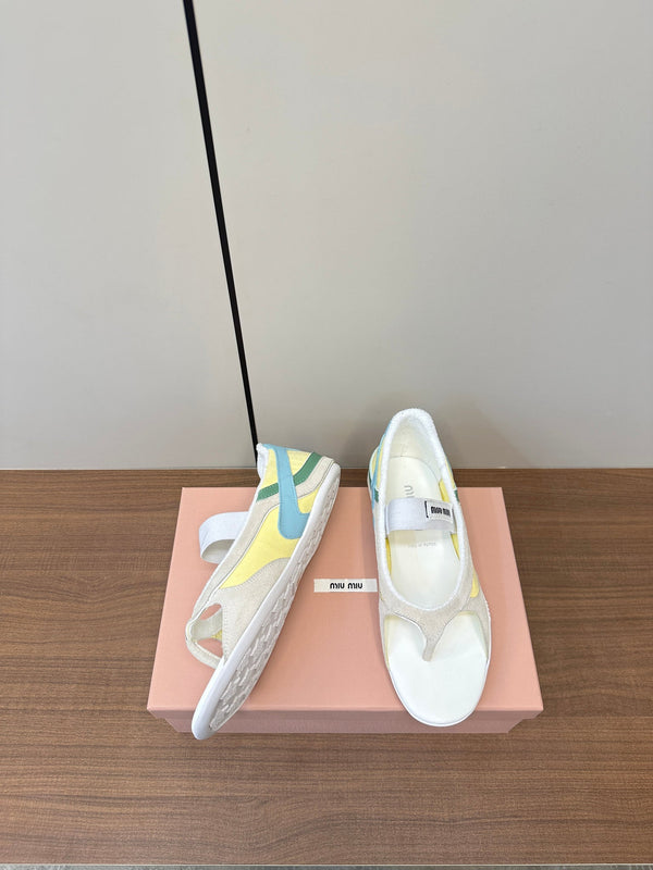 Miu Thong Sandals In Beige Suede Mix Yellow Tech Fabric
