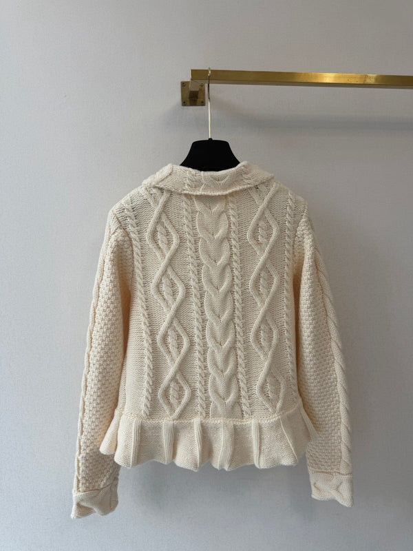 CC 2026 Cable Knit Ruffle Hem Collared Cardigan Jacket Cashmere 438210