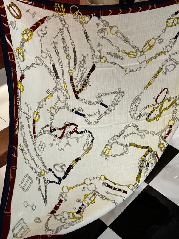 HM 25s Horse Reversible Scarf 140cm Beige Black Cashmere Silk 967393