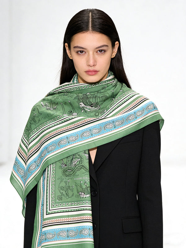 HM 25s Sailor Tattoo Scarf 140cm Green Beige Cashmere Silk 967417