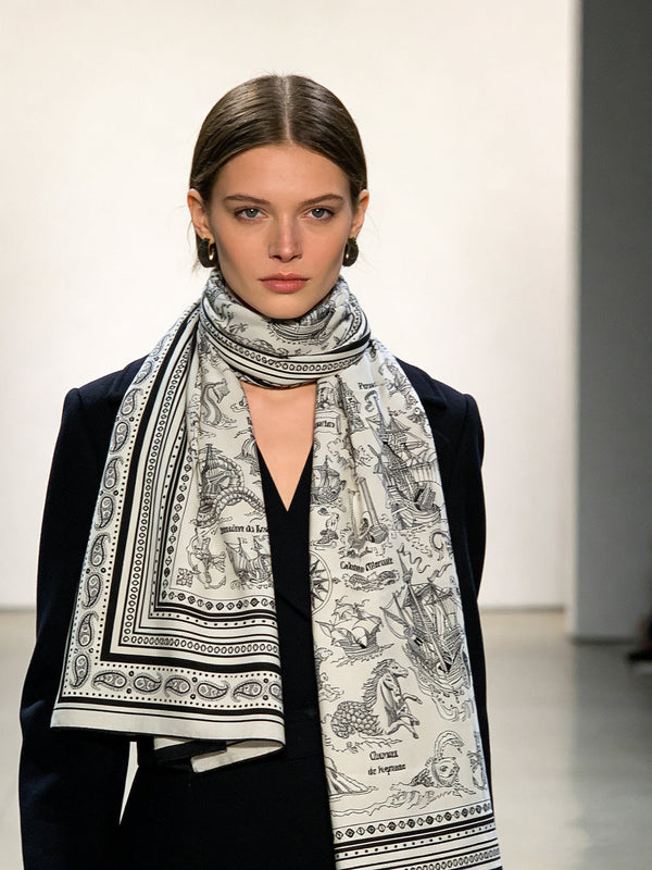 HM 25s Sailor Tattoo Scarf 140cm White Black Cashmere Silk 967419