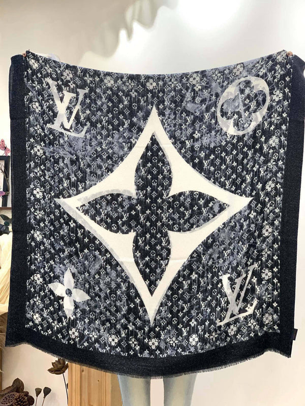 LV Shiny Silver Scarf 200cm Black White Cashmere 969182