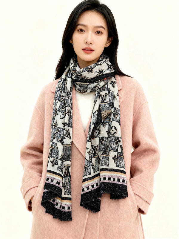LV Monogram Scarf 200cm Black White Cashmere 969186
