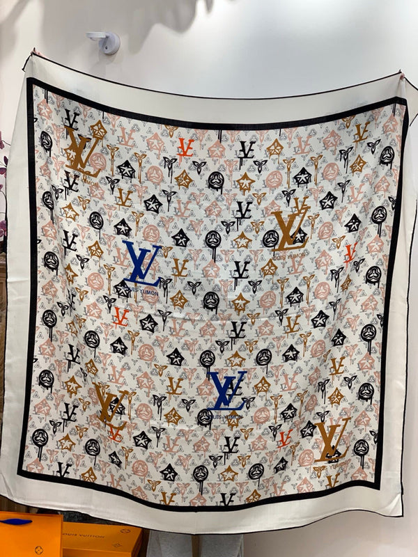 LV Double-Sided Shawl Scarf 140cm White Blue Silk Cashmere 976742