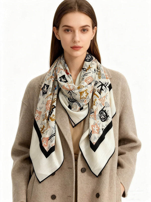 LV Double-Sided Shawl Scarf 140cm White Blue Silk Cashmere 976742