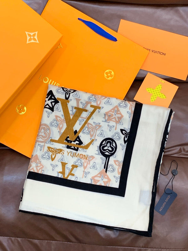 LV Double-Sided Shawl Scarf 140cm White Blue Silk Cashmere 976742