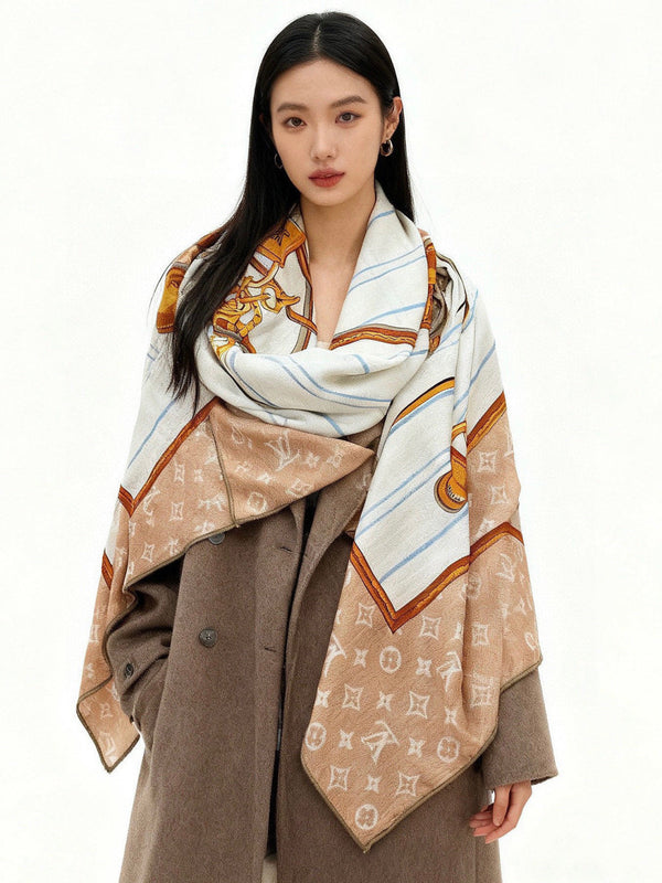 LV Scarf 135cm Brown Patterned Cashmere Silk 143713