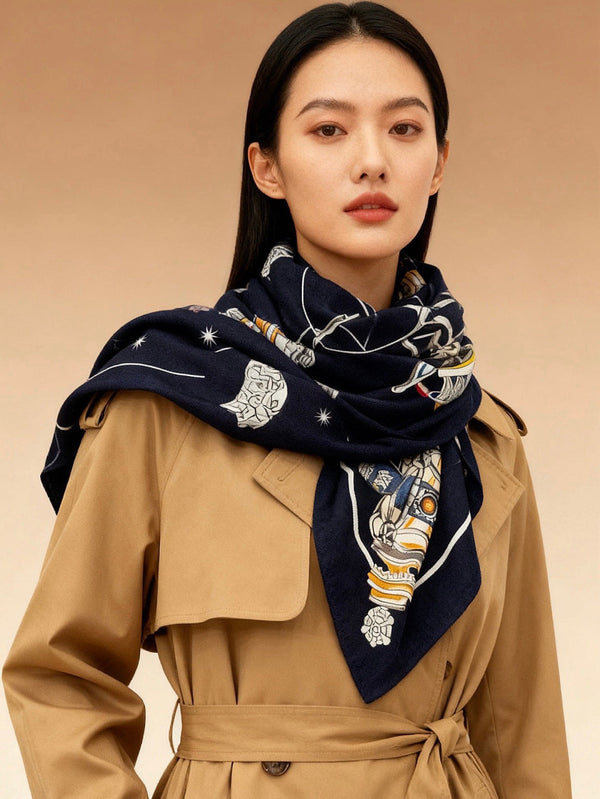 HM Starry Night Chorus Double-Sided Scarf 140cm Navy Blue Silk Cashmere 143715