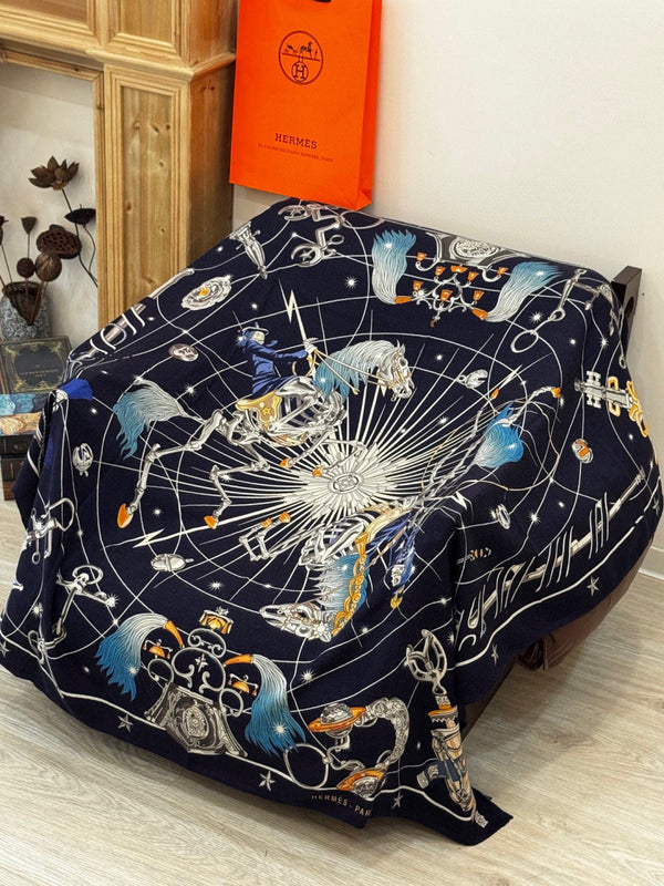 HM Starry Night Chorus Double-Sided Scarf 140cm Navy Blue Silk Cashmere 143715