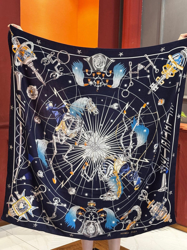 HM Starry Night Chorus Double-Sided Scarf 140cm Navy Blue Silk Cashmere 143715