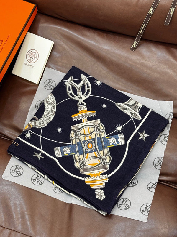 HM Starry Night Chorus Double-Sided Scarf 140cm Navy Blue Silk Cashmere 143715