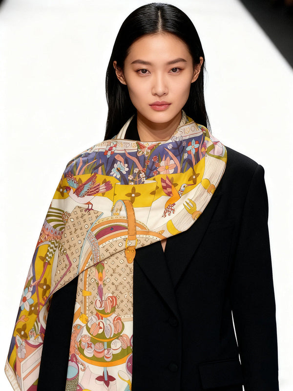 LV Double-sided Scarf 135cm Yellow Cashmere Silk 143727