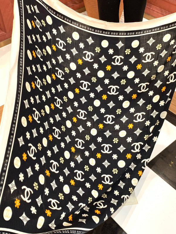 CC Scarf 140cm Black Monogram Silk Cashmere 143733