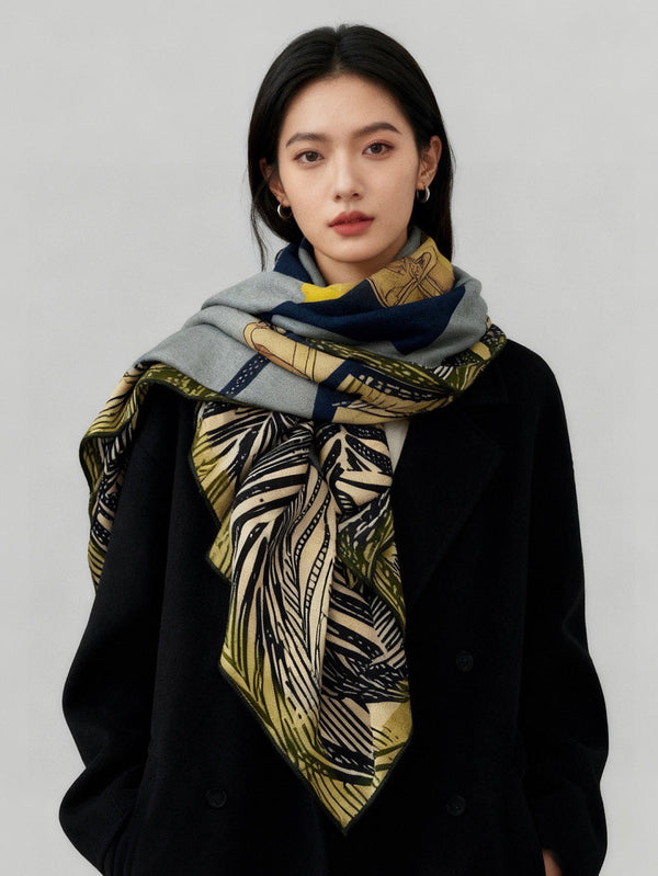 HM 26s Double-sided Scarf 140cm Blue Jean Jaune Silk Cashmere 153141