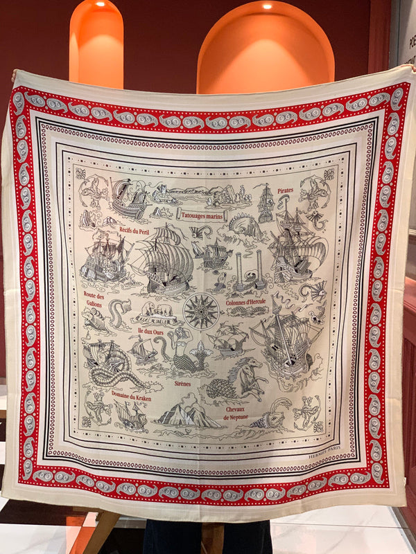 HM 26s Double-sided Scarf 140cm Cream Red Silk Cashmere 153143