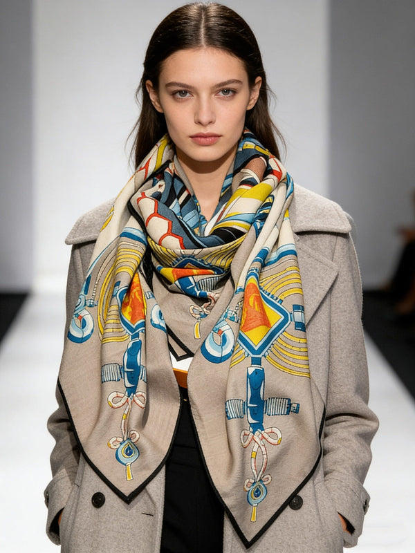 HM 26s Double-sided Scarf 140cm Vert Gris Silk Cashmere 153160