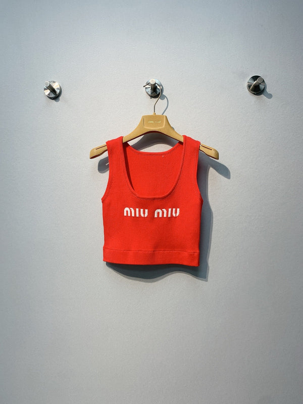 Miu SS26 Cropped Logo-knit Tank Top Orange Viscose Polyester 350948