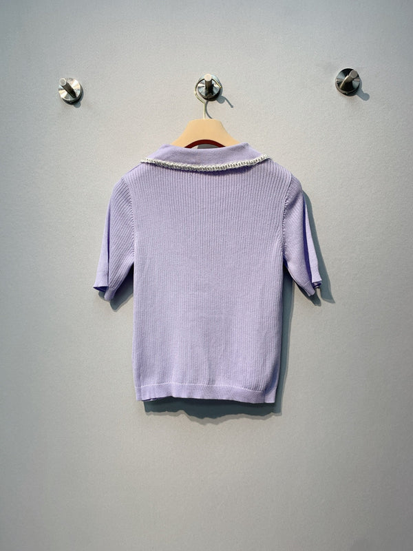 Miu SS26 Knitted Collared Lace Beaded Logo Top Lavender Cotton Silk 350903
