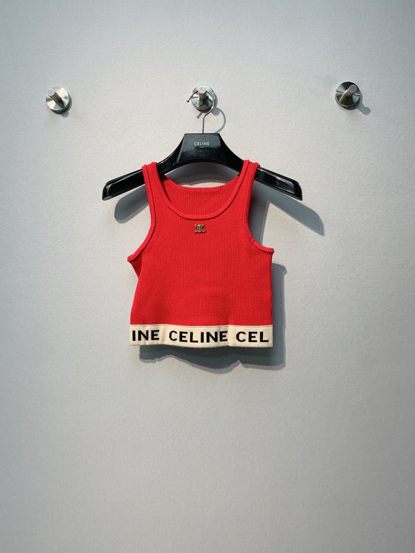 Celine SS26 Ribbed Logo Striped Tank Top Red Wool 350954