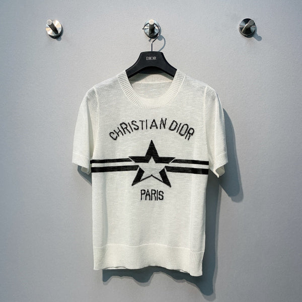 CD SS26 Signature and Star Short-Sleeved Sweater White Wool 350914