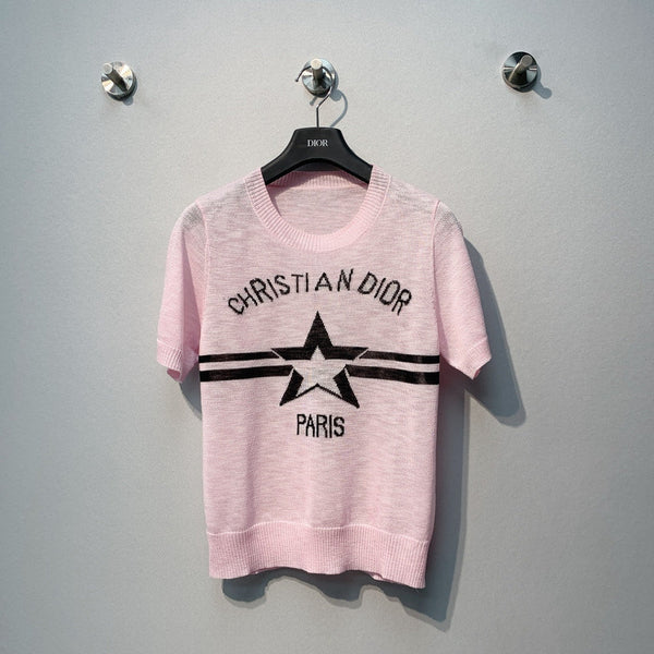 CD SS26 Signature and Star Short-Sleeved Sweater Light Pink Wool 350916
