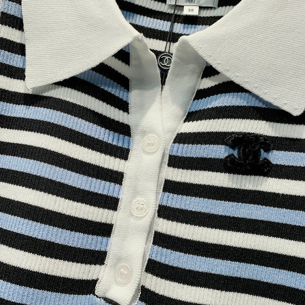 CC 26s Striped Polo Collar Vest White Black Knit 395915